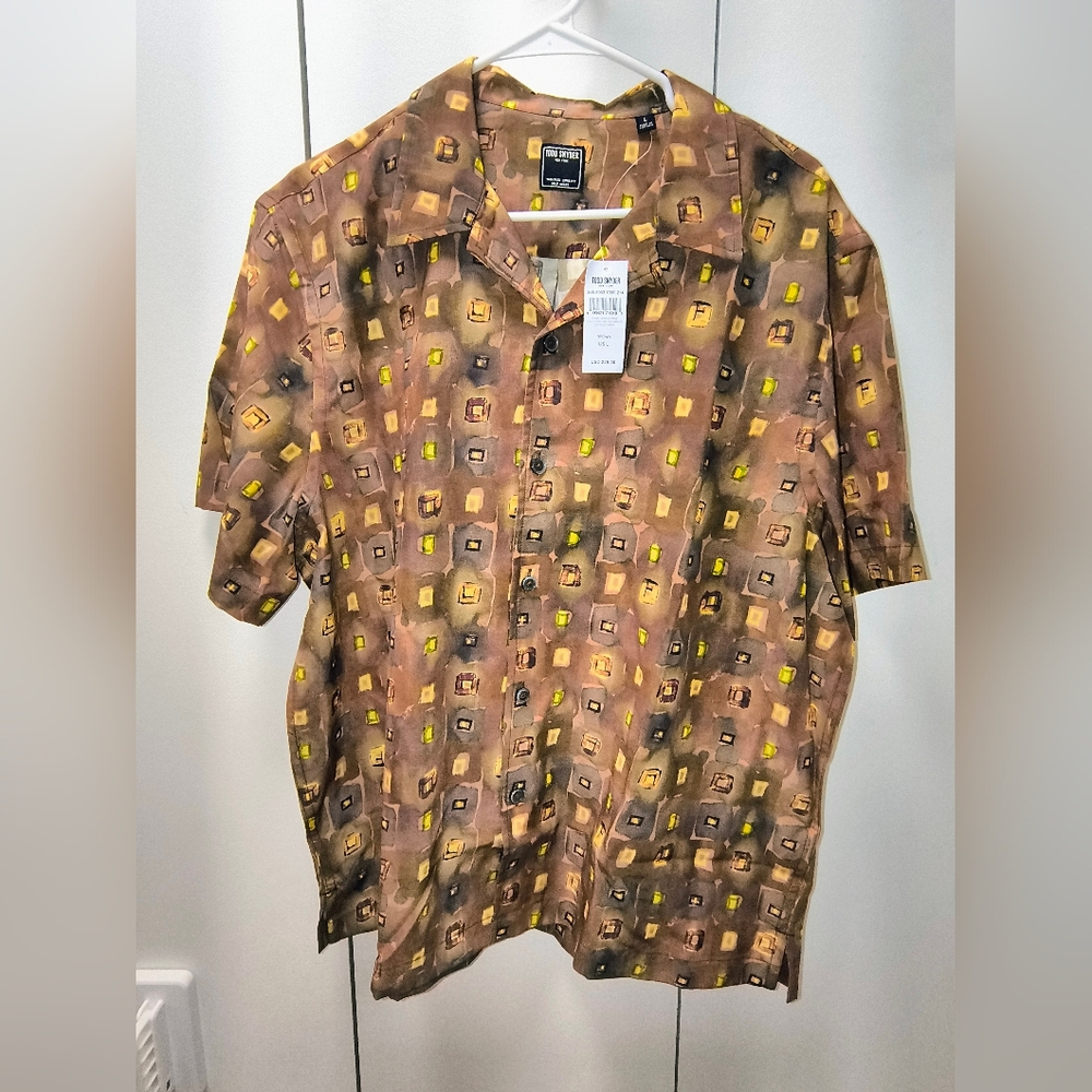 Todd Snyder Sienne Water Color Geo Print Silk Cotton Camp Collar Shirt